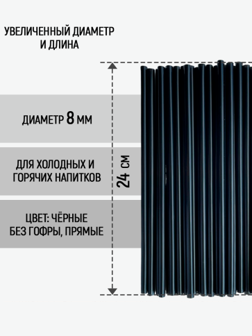 Трубочки прямые 8х240 черные 250 шт/уп. фото 2